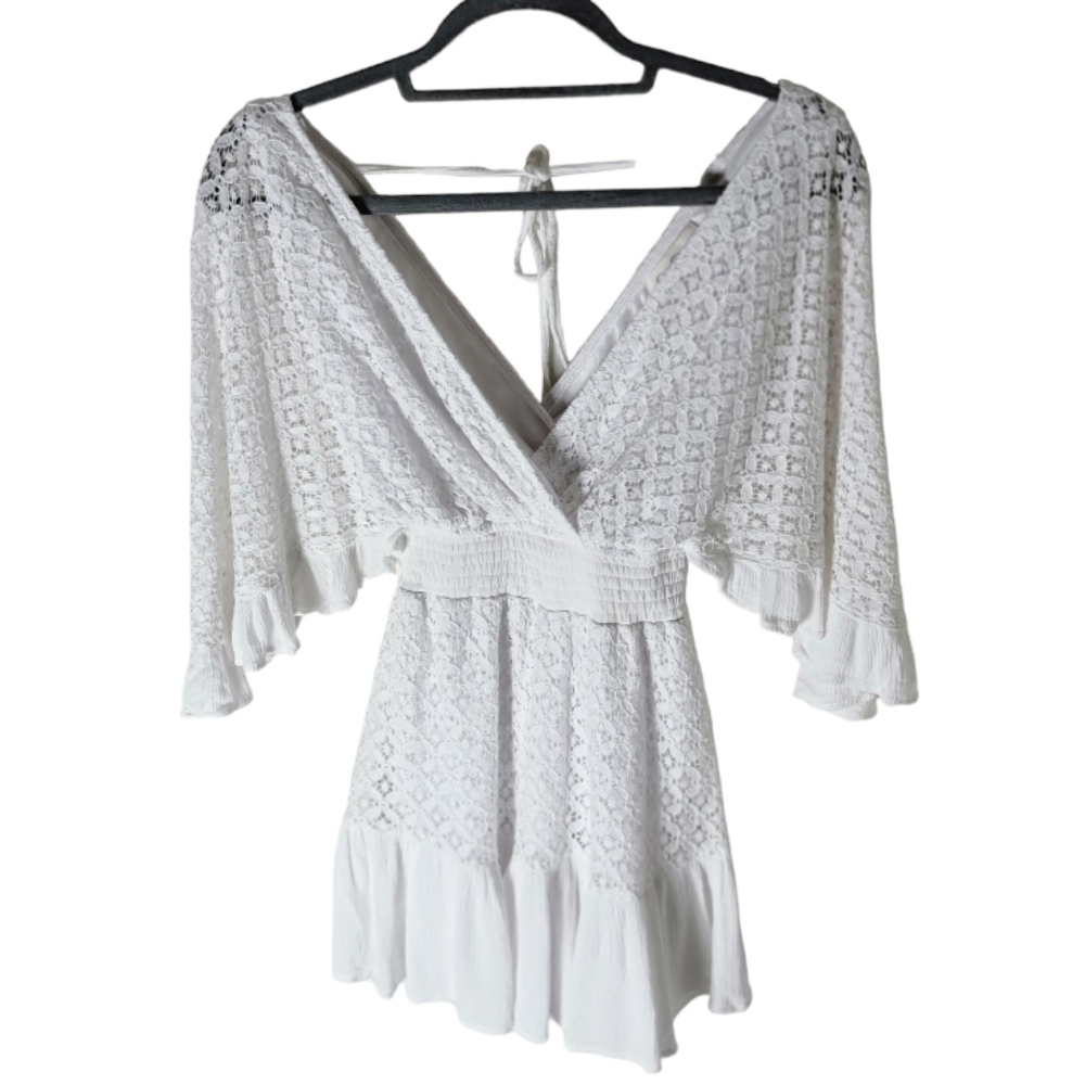 Jessica Simpson Wmwhite lace romper plunging v neck flutter sleeve women's XS